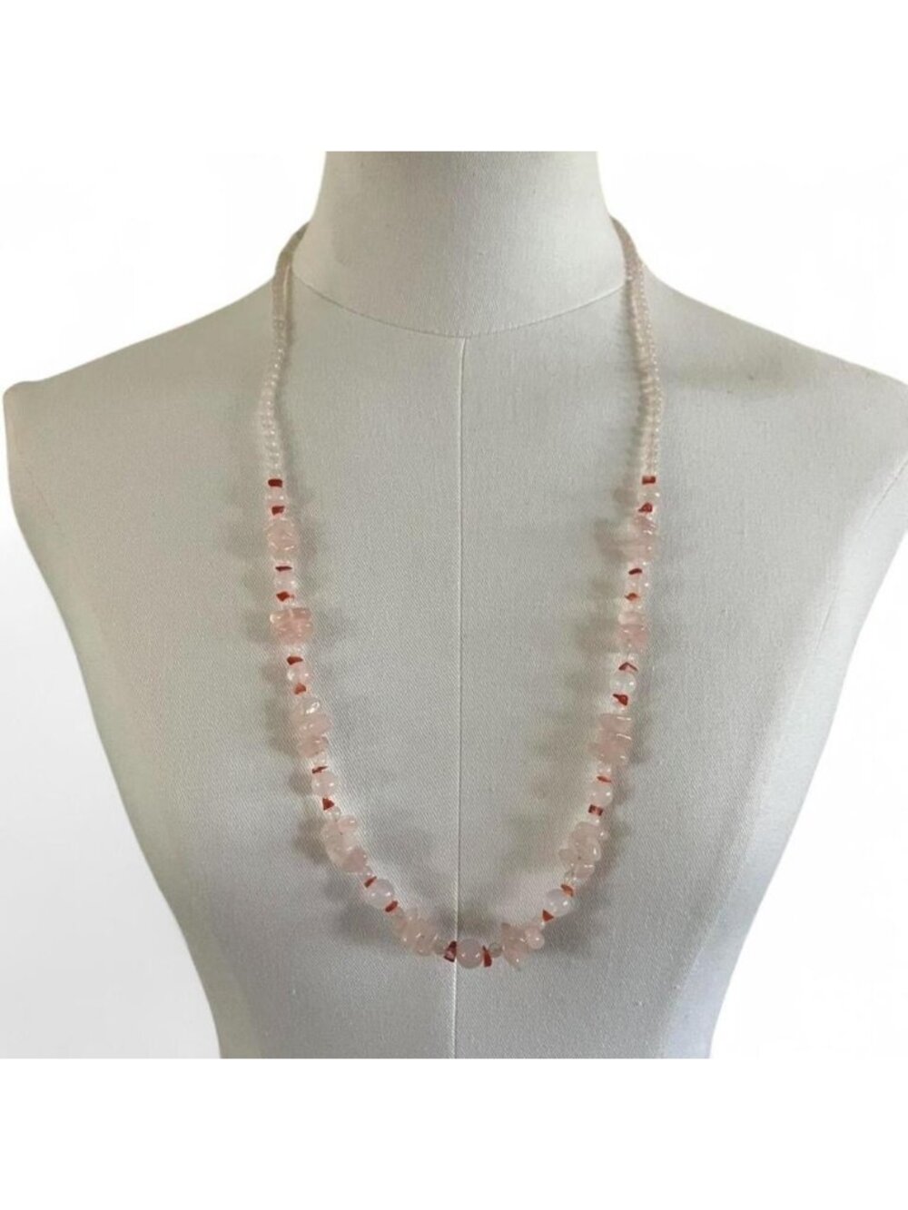Pink & White Beaded Necklace with Pink Stone Chip Accents Barrel Clasp